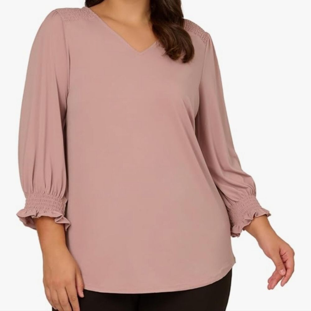 NEW $69 ADRIANNA PAPELL 2X DUSTY PINK 3/4 SLEEVE FLOWY CREPE BLOUSE TOP NWT